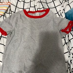 black and white striped tee with red detail